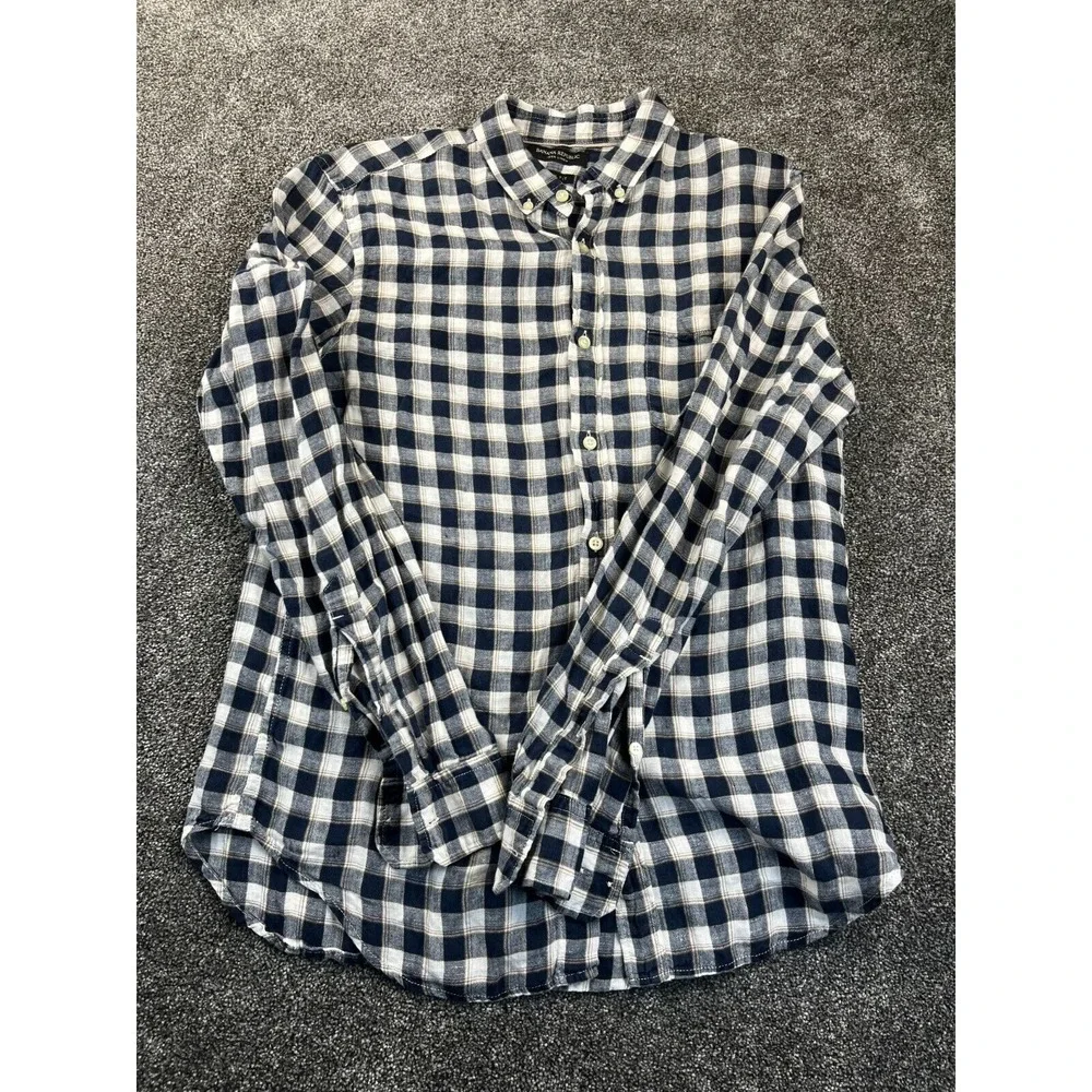 Banana Republic Shirt Mens S Camden Fit Button Down Linen Long Sleeve Plaid Blue